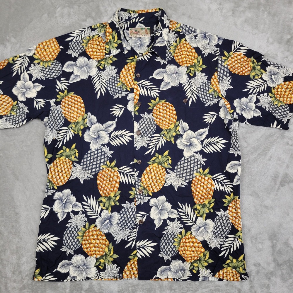 Tori Richard Mens L Hawaiian Tropical Floral Pineapple Print Short Sleeve Shirt